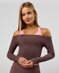 Woman wearing Bree Bardot Long Sleeve Top - Cocoa Powder | Model:Taneisha | Size:XS | Thumbnail Index: 10