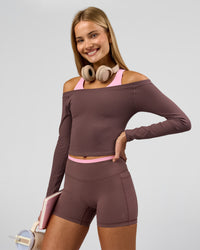 Woman wearing Bree Bardot Long Sleeve Top - Cocoa Powder | Model:Taneisha | Size:XS | Thumbnail Index: 12
