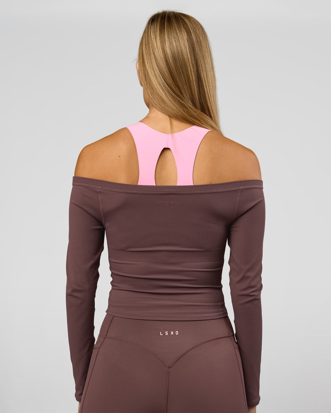 Woman wearing Bree Bardot Long Sleeve Top - Cocoa Powder | Model:Taneisha | Size:XS - view 2