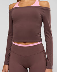 Woman wearing Bree Bardot Long Sleeve Top - Cocoa Powder | Model:Taneisha | Size:XS | Thumbnail Index: 5