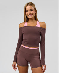 Woman wearing Bree Bardot Long Sleeve Top - Cocoa Powder | Model:Taneisha | Size:XS | Thumbnail Index: 0
