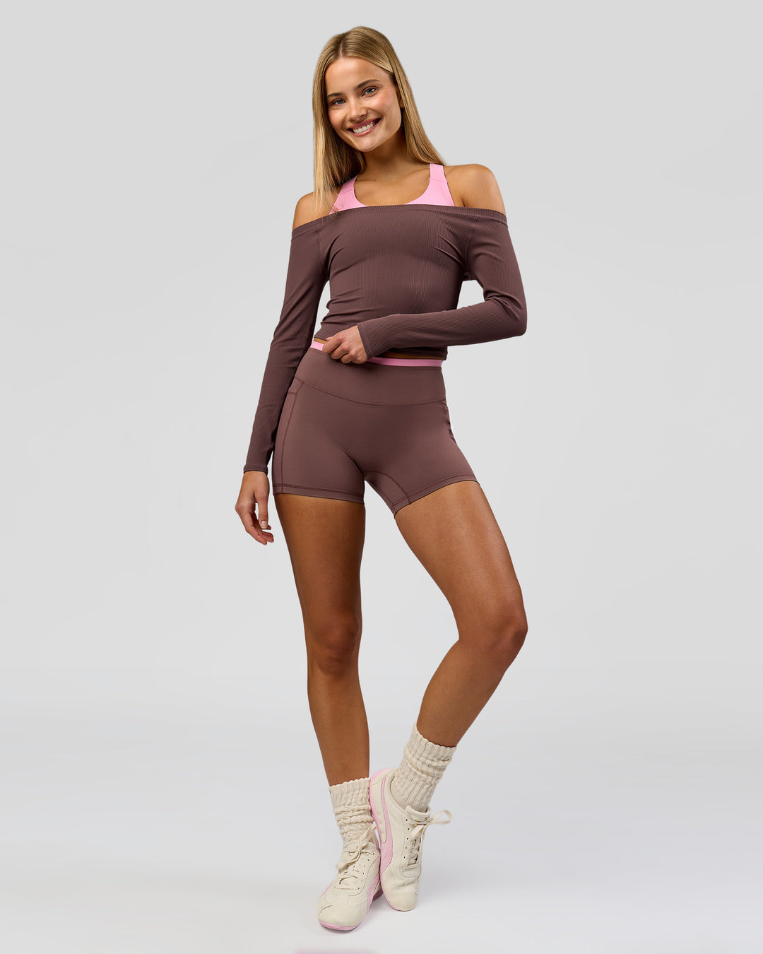 Woman wearing Bree Bardot Long Sleeve Top - Cocoa Powder | Model:Taneisha | Size:XS - view 14