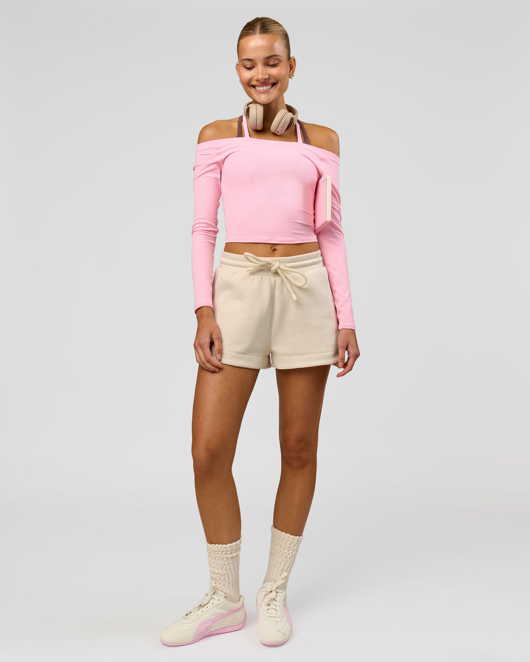 Woman wearing Bree Bardot Long Sleeve Top - Pink Rose | Model:Taneisha | Size:XS - view 10