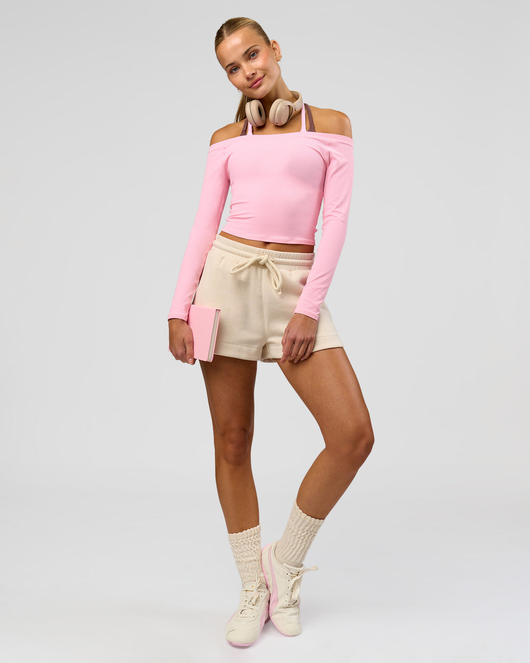 Woman wearing Bree Bardot Long Sleeve Top - Pink Rose | Model:Taneisha | Size:XS - view 5