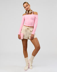 Woman wearing Bree Bardot Long Sleeve Top - Pink Rose | Model:Taneisha | Size:XS | Thumbnail Index: 4