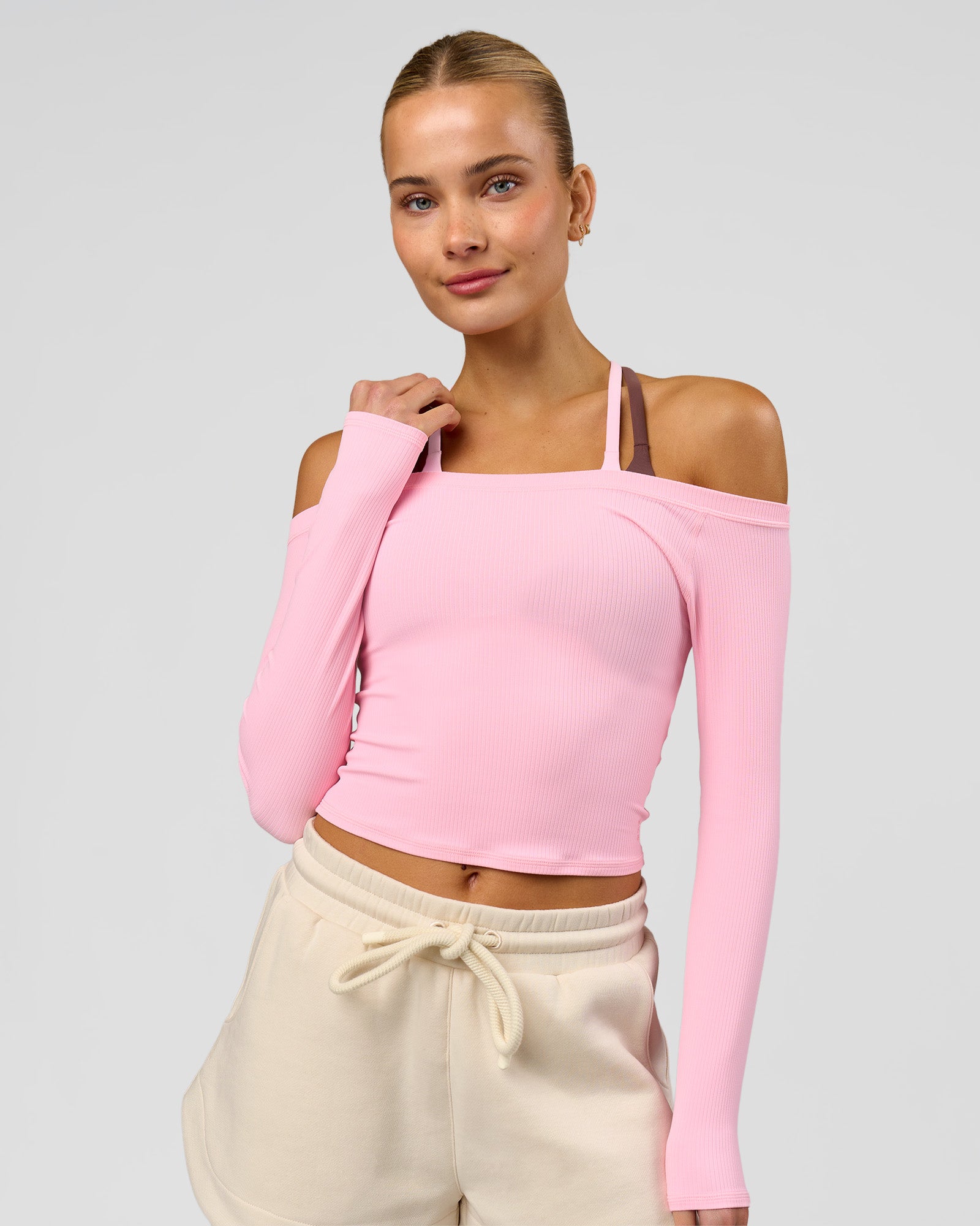Woman wearing Bree Bardot Long Sleeve Top - Pink Rose | Model:Taneisha | Size:XS