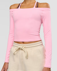 Woman wearing Bree Bardot Long Sleeve Top - Pink Rose | Model:Taneisha | Size:XS | Thumbnail Index: 7