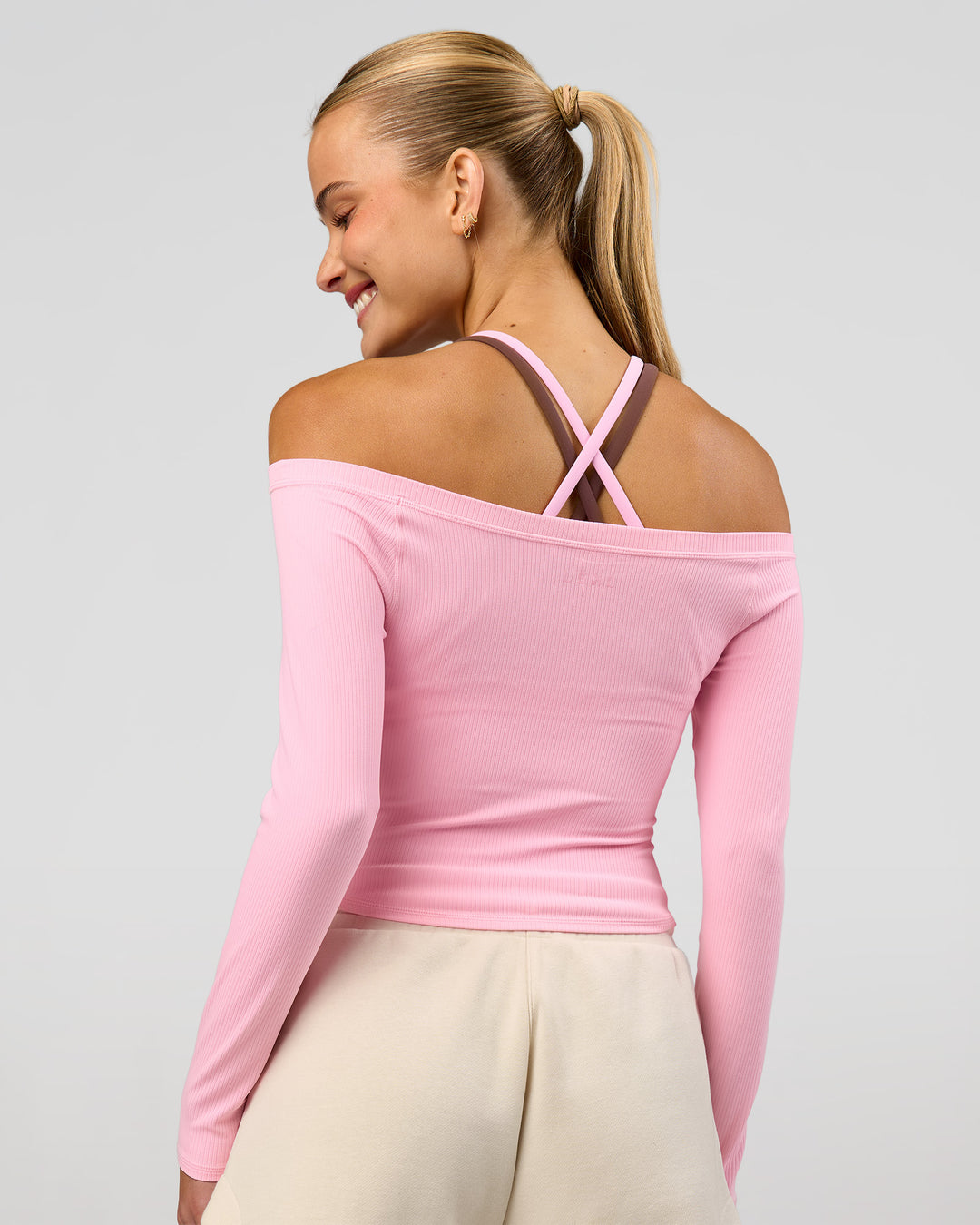 Woman wearing Bree Bardot Long Sleeve Top - Pink Rose | Model:Taneisha | Size:XS - view 16