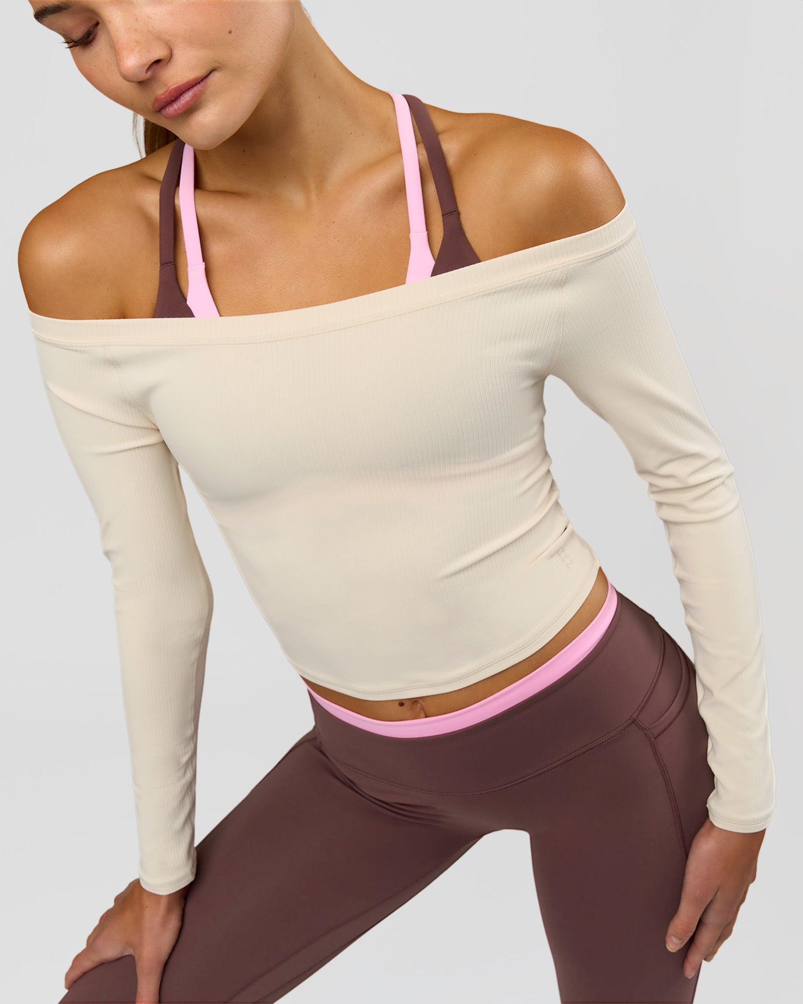Woman wearing Bree Bardot Long Sleeve Top - Vanilla Bean | Model:Taneisha | Size:XS