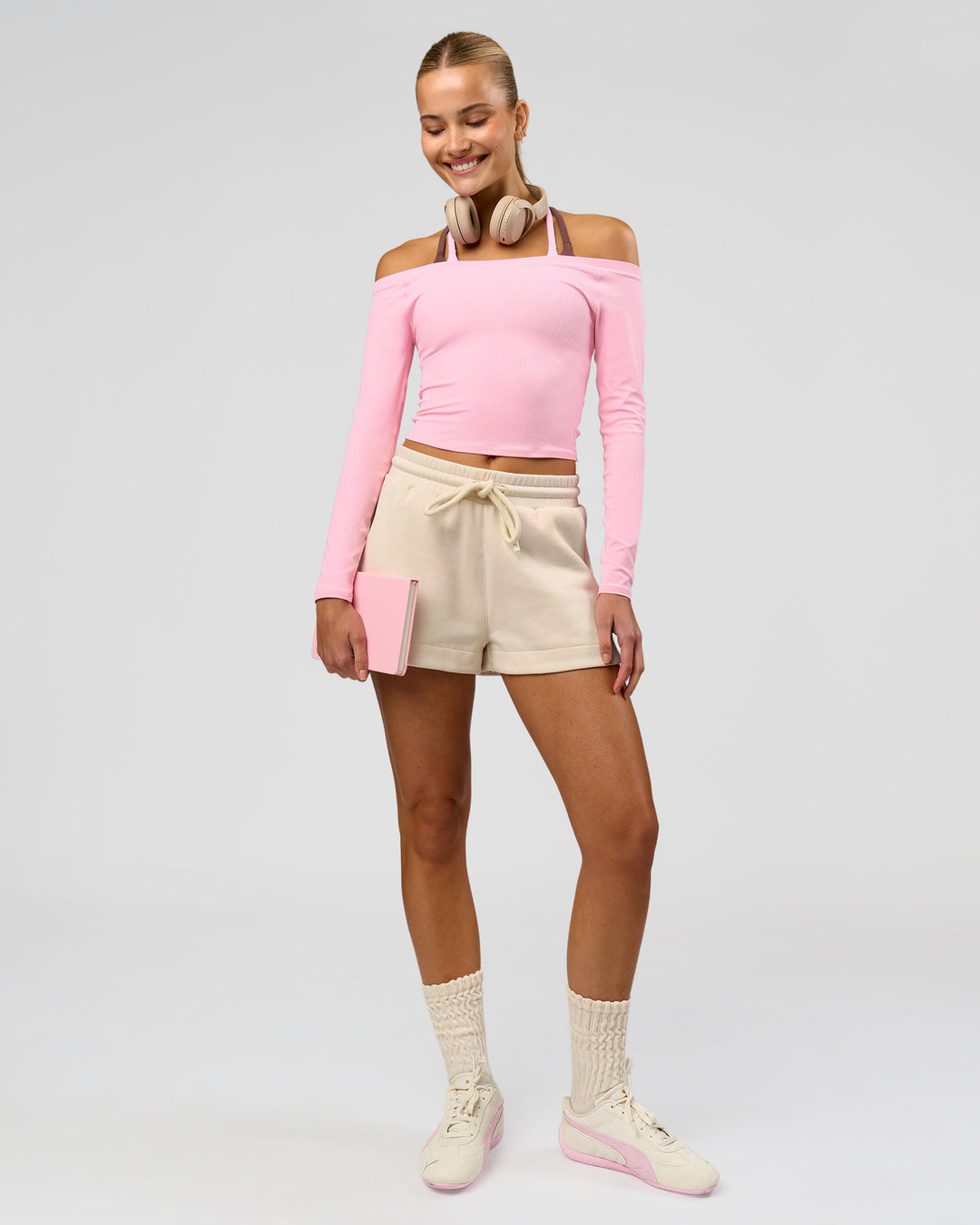 Woman wearing Bree Fleece Track Short - Vanilla Bean | Model:Taneisha | Size:XS - view 6