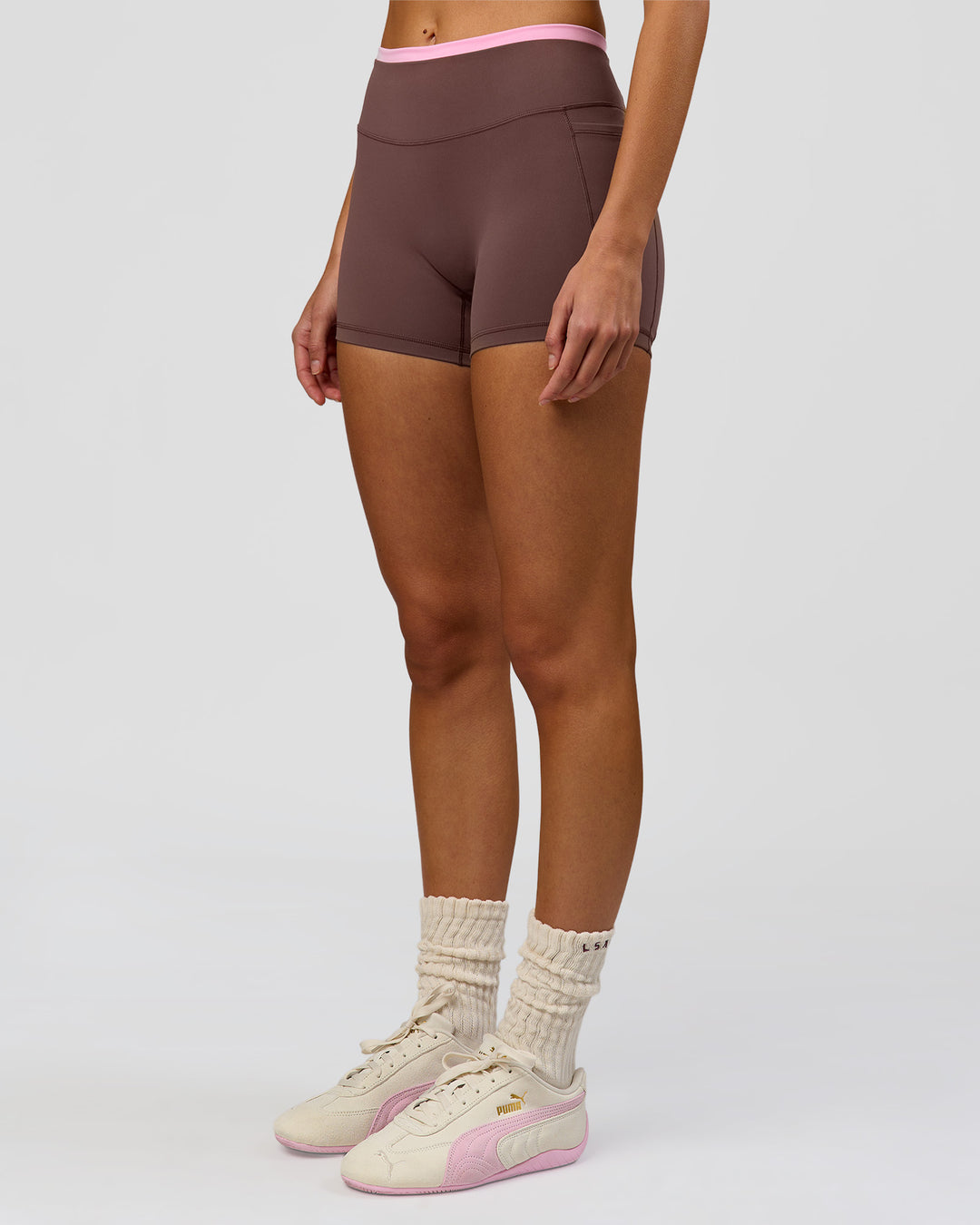 Woman wearing Bree Fusion High-Rise 4" Short Pockets - Cocoa Powder-Pink Rose | Model:Taneisha | Size:XS - view 17