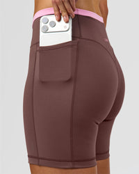 Woman wearing Bree Fusion High-Rise 6" Short Pockets - Cocoa Powder-Pink Rose | Model:Taneisha | Size:XS | Thumbnail Index: 10