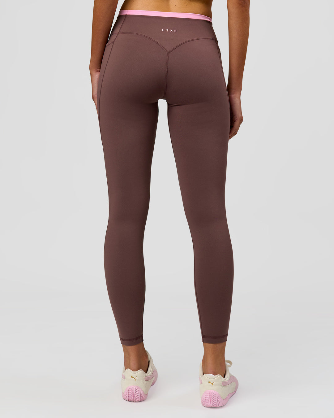 Woman wearing Bree Fusion High-Rise Full Length Legging Pockets - Cocoa Powder-Pink Rose | Model:Taneisha | Size:XS - view 2