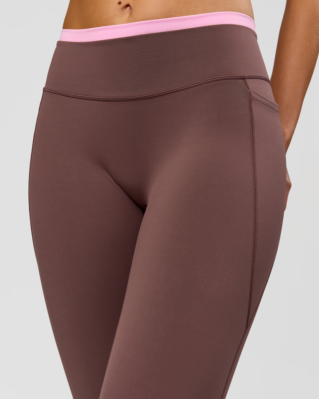 Woman wearing Bree Fusion High-Rise Full Length Legging Pockets - Cocoa Powder-Pink Rose | Model:Taneisha | Size:XS - view 8