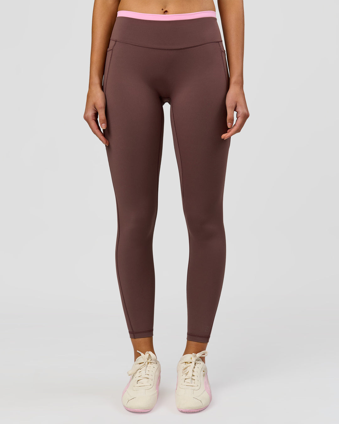 Woman wearing Bree Fusion High-Rise Full Length Legging Pockets - Cocoa Powder-Pink Rose | Model:Taneisha | Size:XS - view 10