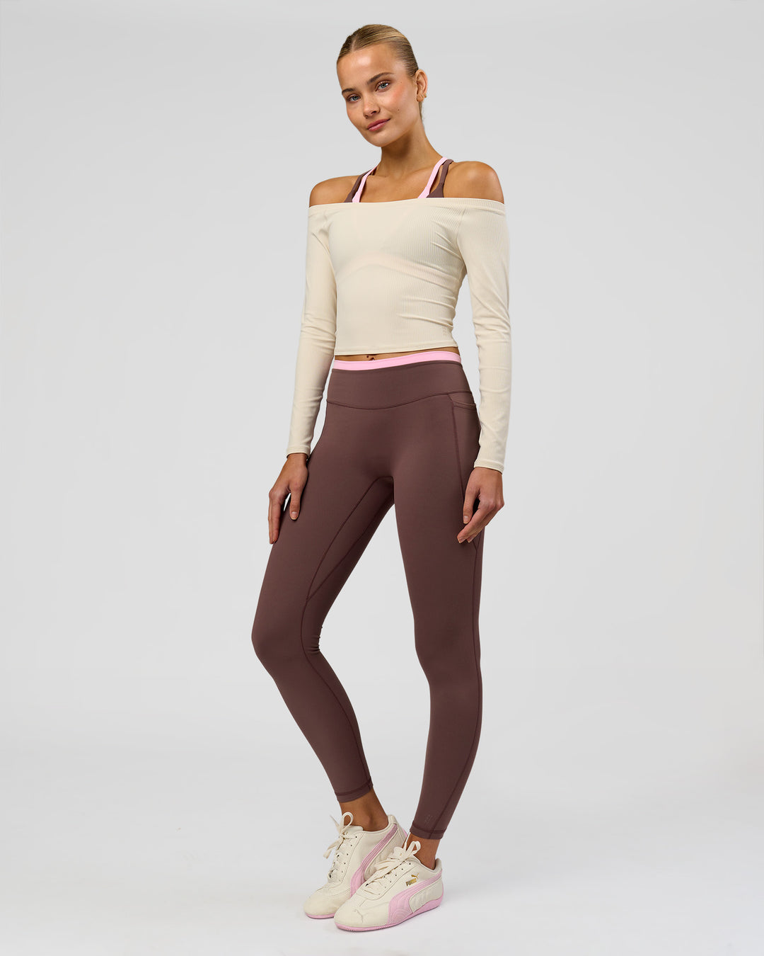 Woman wearing Bree Fusion High-Rise Full Length Legging Pockets - Cocoa Powder-Pink Rose | Model:Taneisha | Size:XS - view 4
