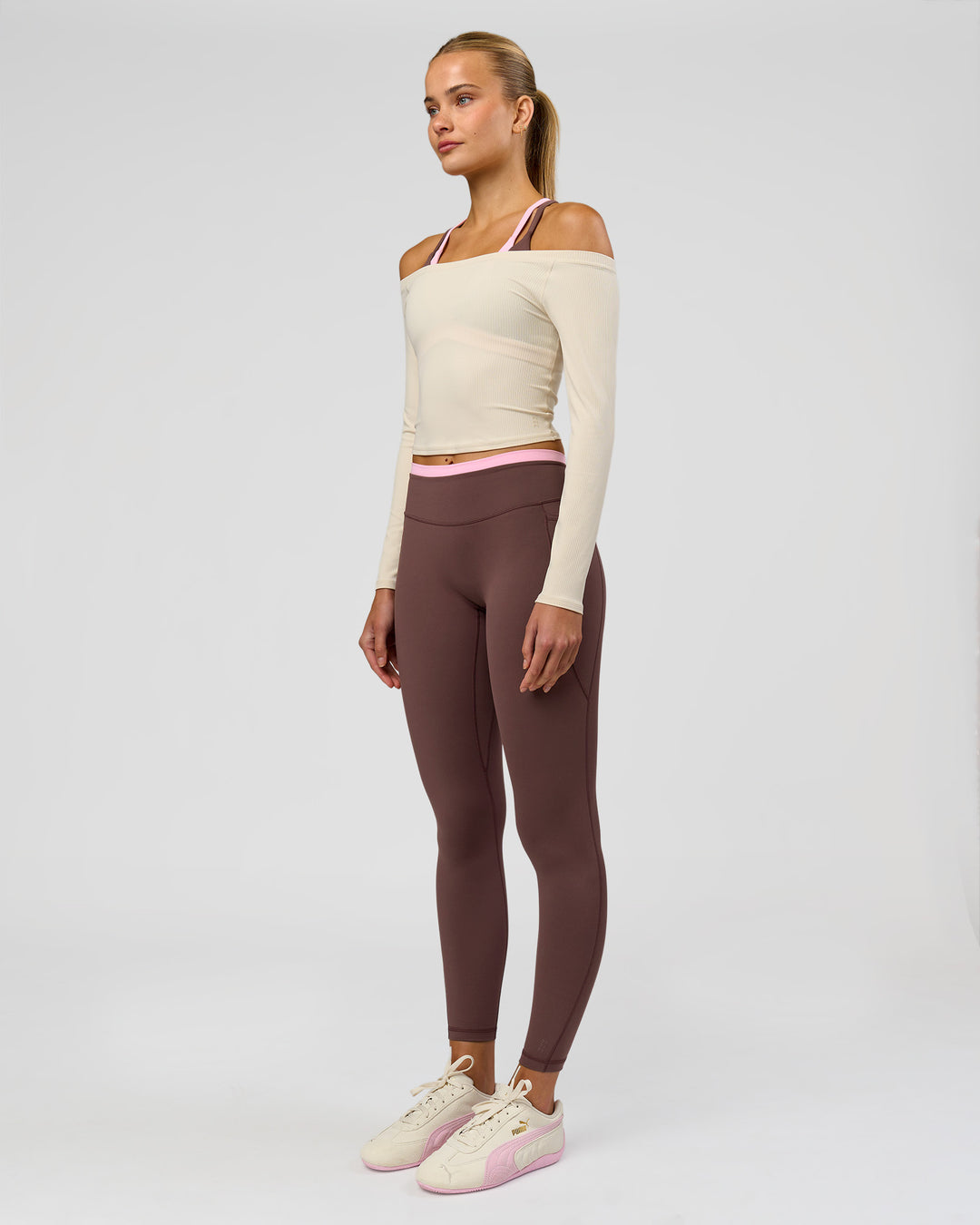 Woman wearing Bree Fusion High-Rise Full Length Legging Pockets - Cocoa Powder-Pink Rose | Model:Taneisha | Size:XS - view 13