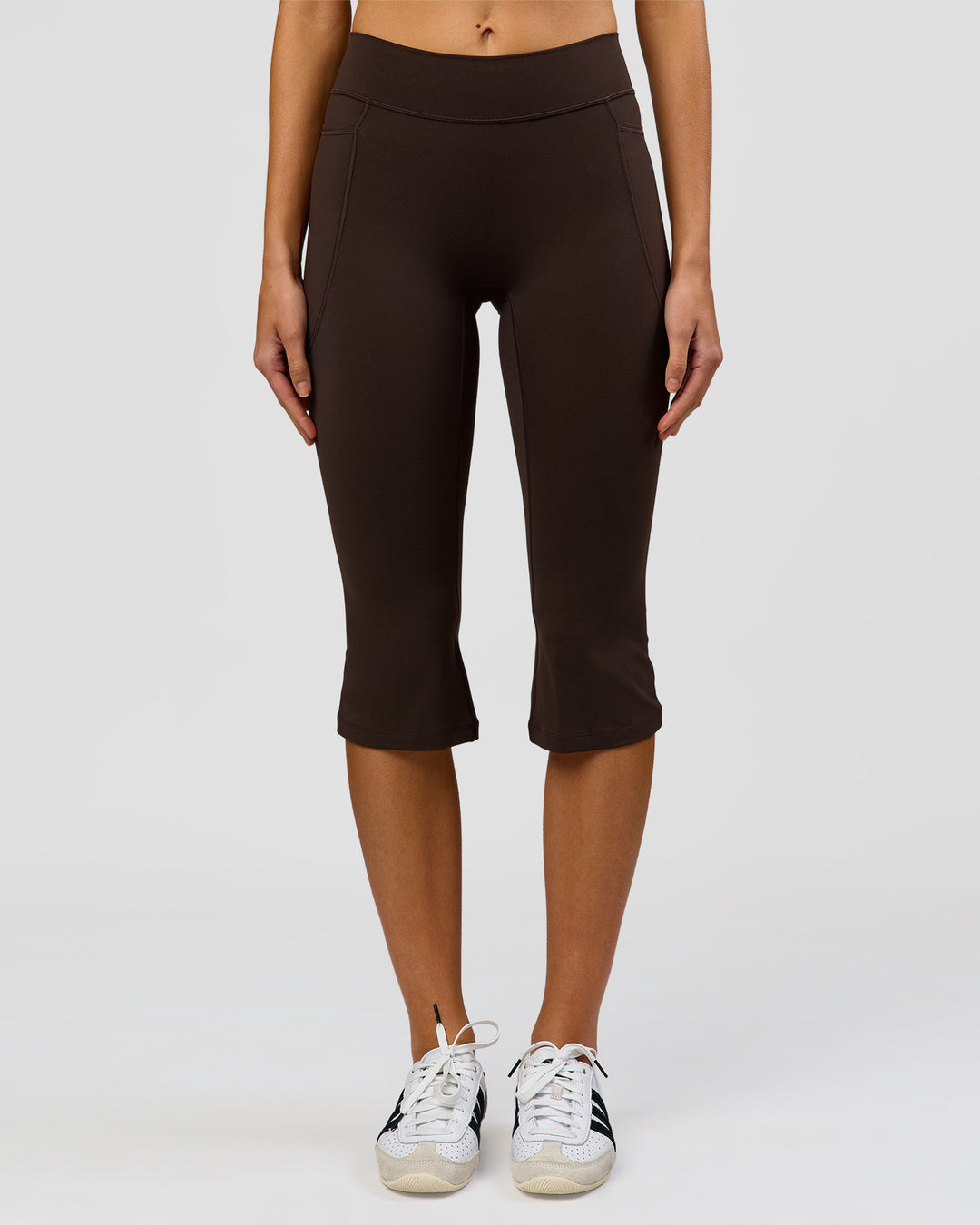 Woman wearing Deep V-Contour High-Rise Flared Capri - Ground Coffee | Model:Taneisha | Size:XS - view 2