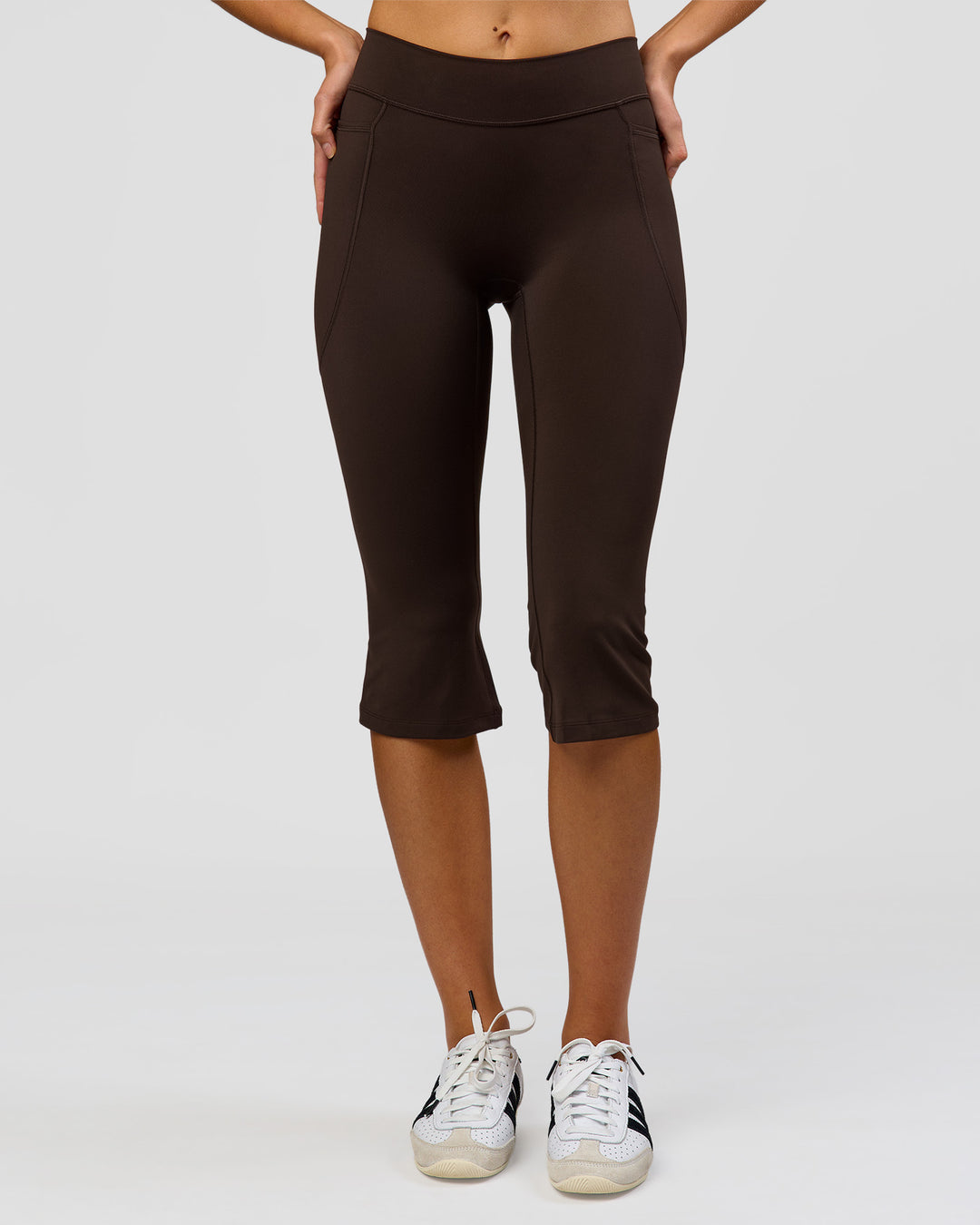 Woman wearing Deep V-Contour High-Rise Flared Capri - Ground Coffee | Model:Taneisha | Size:XS - view 6