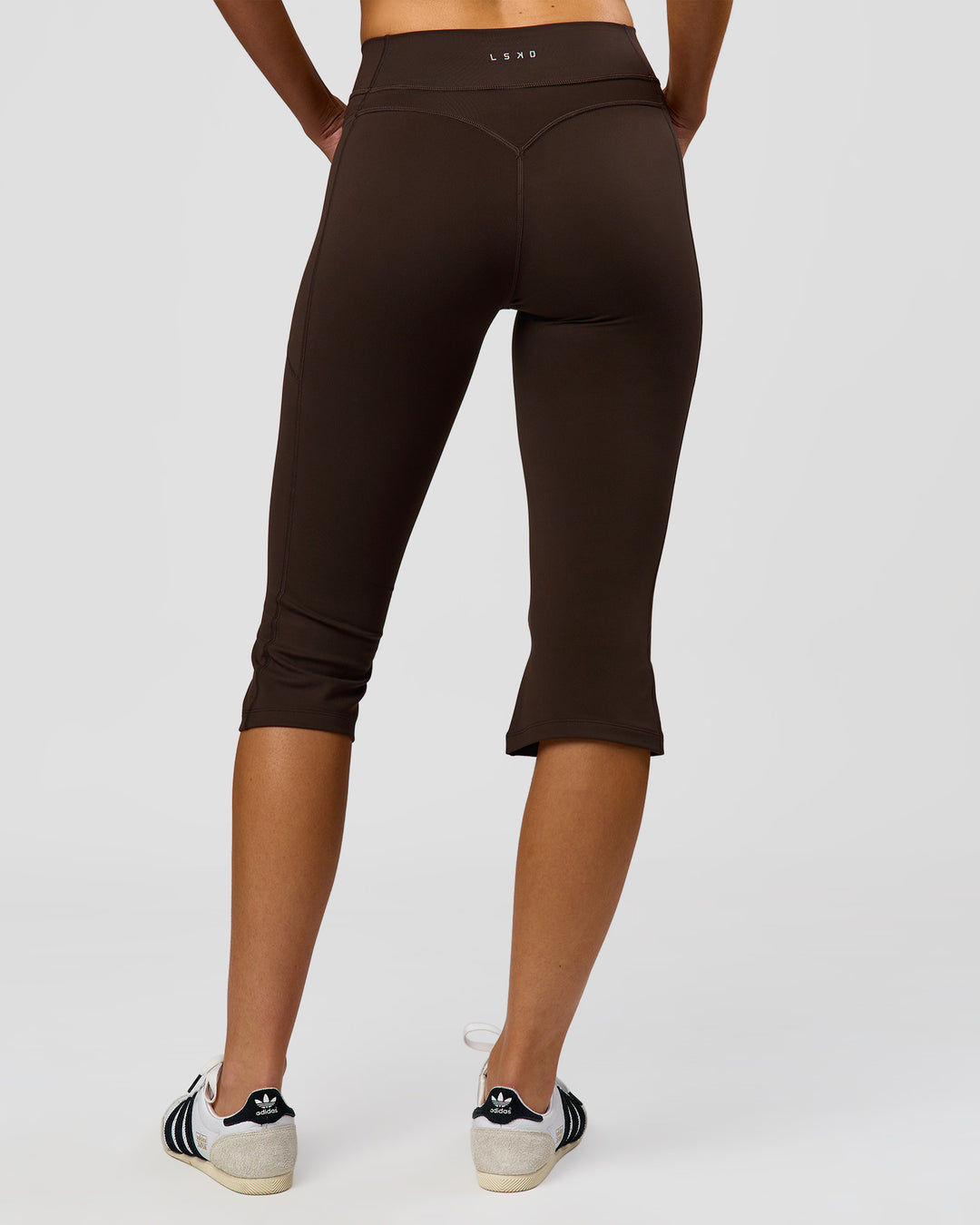 Woman wearing Deep V-Contour High-Rise Flared Capri - Ground Coffee | Model:Taneisha | Size:XS - view 8