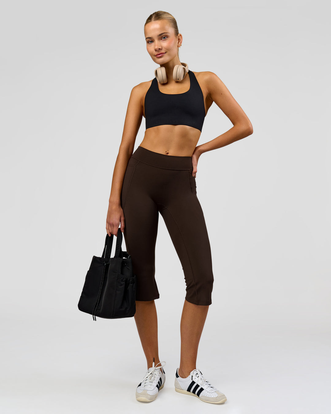 Woman wearing Deep V-Contour High-Rise Flared Capri - Ground Coffee | Model:Taneisha | Size:XS - view 13