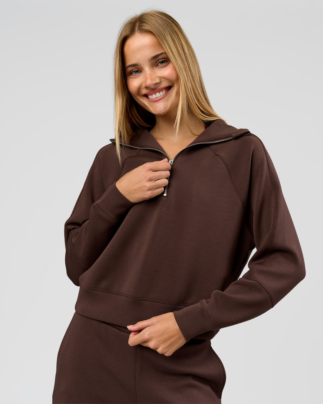 Woman wearing Elevate SoftTouch 1/2 Zip Sweater - Hot Chocolate | Model:Taneisha | Size:XS - view 1