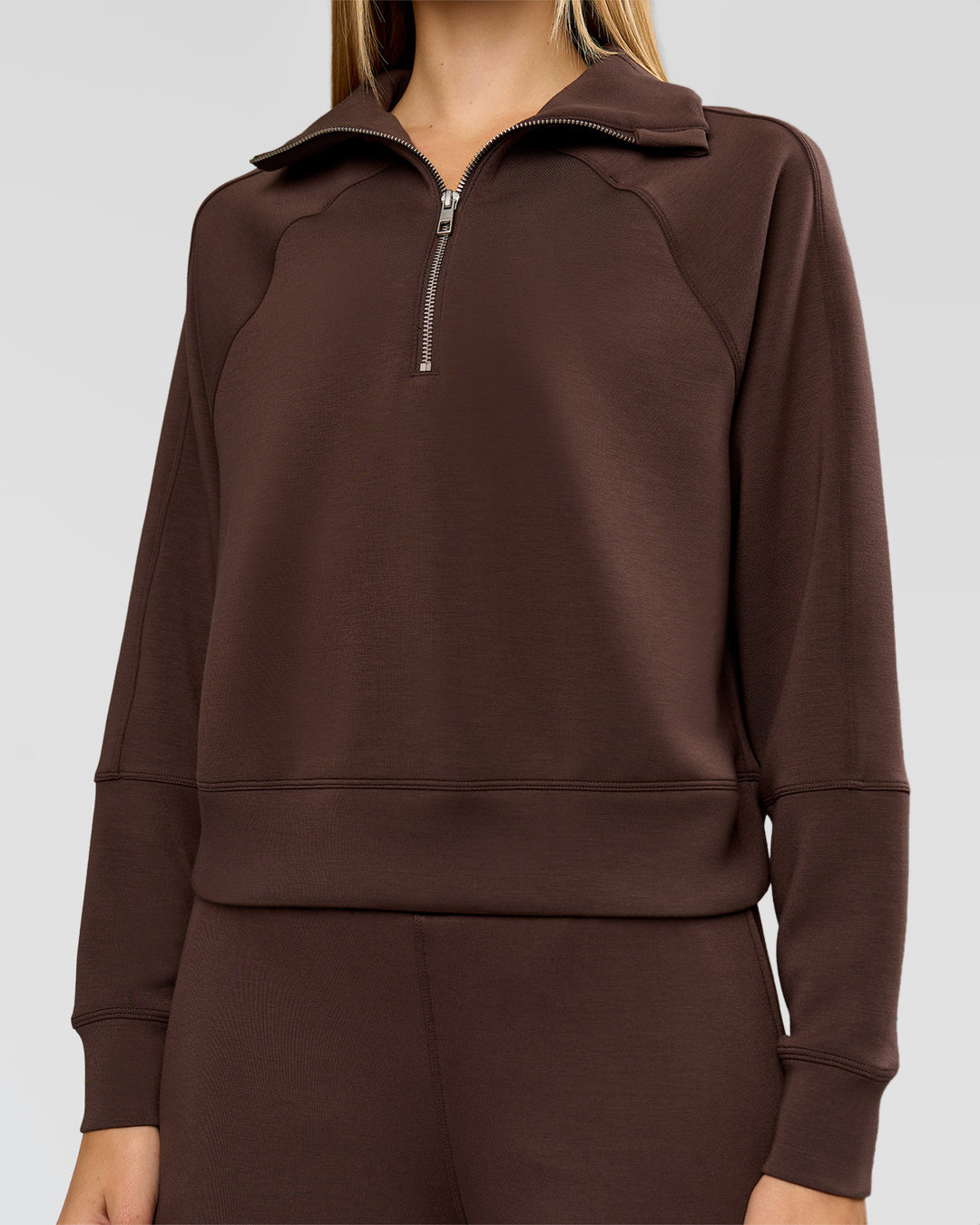 Woman wearing Elevate SoftTouch 1/2 Zip Sweater - Hot Chocolate | Model:Taneisha | Size:XS - view 2