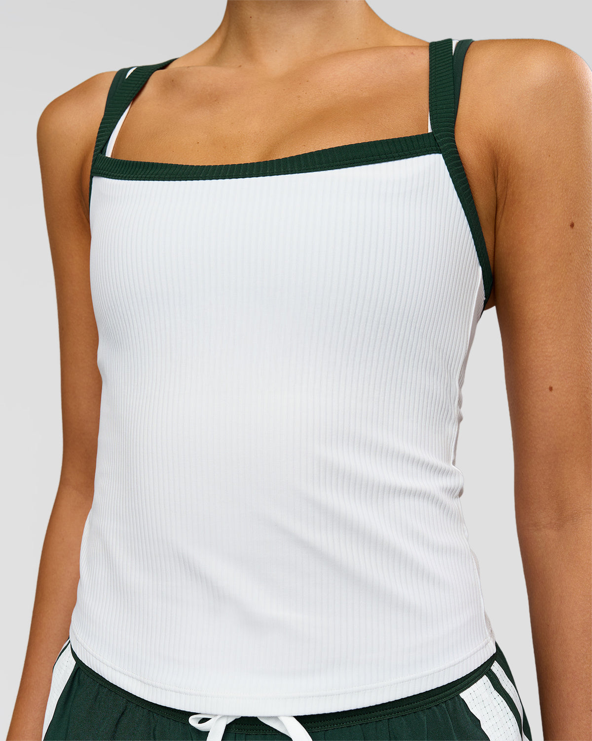 Woman wearing Flame Ribbed Regular Length Tank - White-Midnight Green | Model:Taneisha | Size:XS