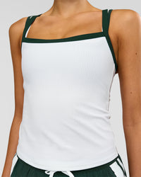Woman wearing Flame Ribbed Regular Length Tank - White-Midnight Green | Model:Taneisha | Size:XS | Thumbnail Index: 1