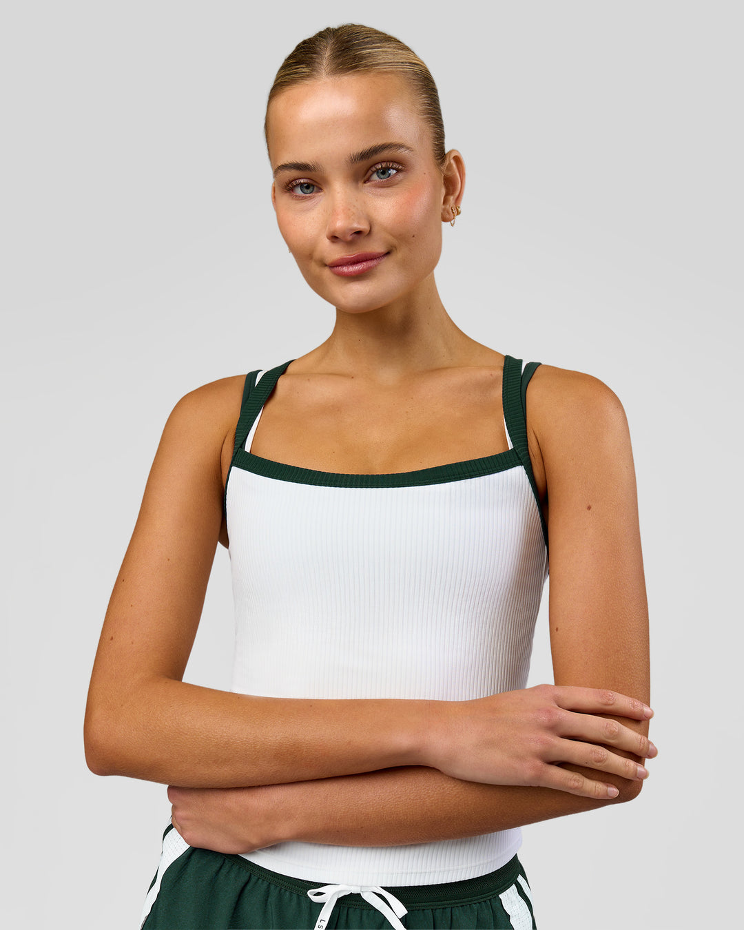 Woman wearing Flame Ribbed Regular Length Tank - White-Midnight Green | Model:Taneisha | Size:XS - view 6