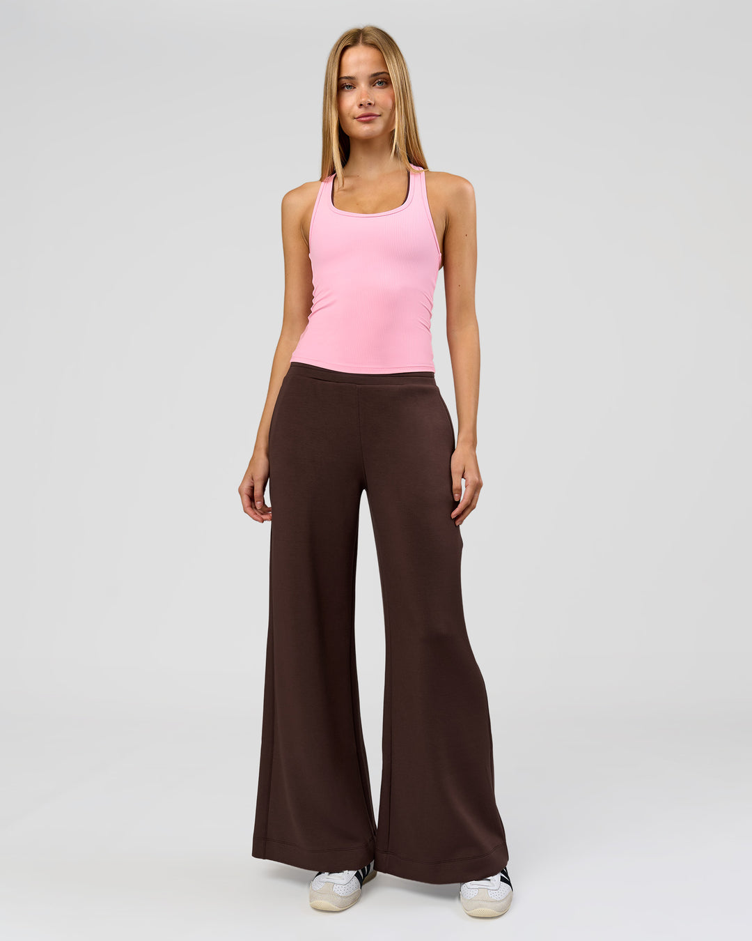 Woman wearing Flow Rib Scoop Neck Tank - Pink Rose | Model:Taneisha | Size:XS - view 4
