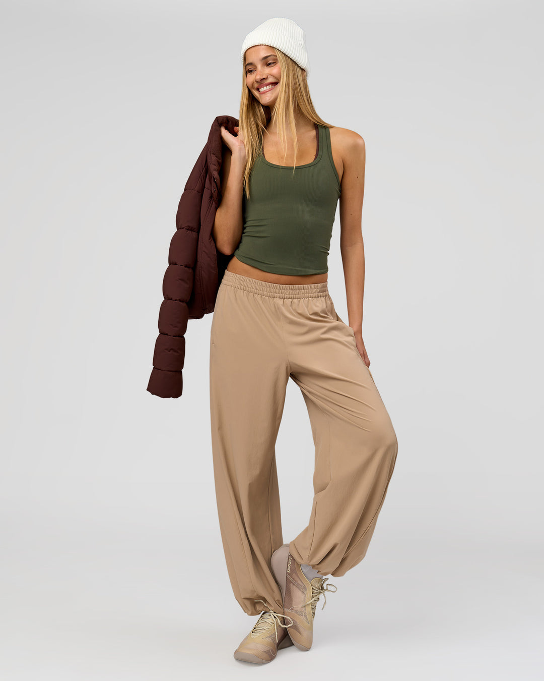 Woman wearing Flow Rib Scoop Neck Tank - Pure Olive | Model:Taneisha | Size:XS - view 4