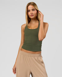 Woman wearing Flow Rib Scoop Neck Tank - Pure Olive | Model:Taneisha | Size:XS | Thumbnail Index: 4