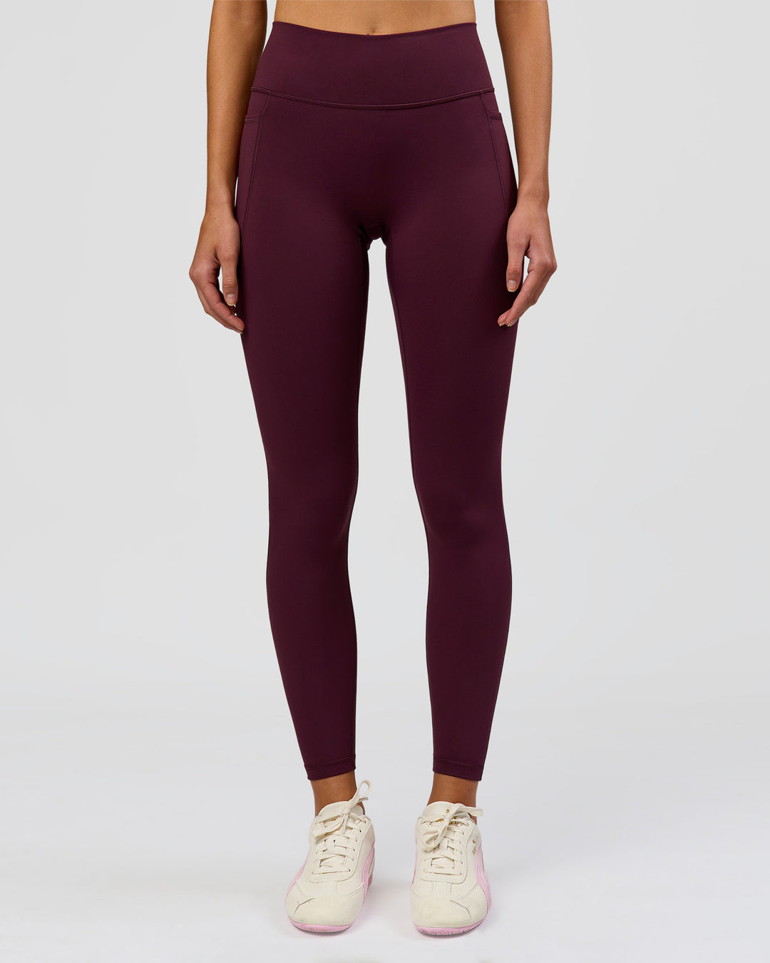 Woman wearing Fusion High-Rise Full Length Legging Pockets - Cherry Lacquer | Model:Taneisha | Size:XS - view 2