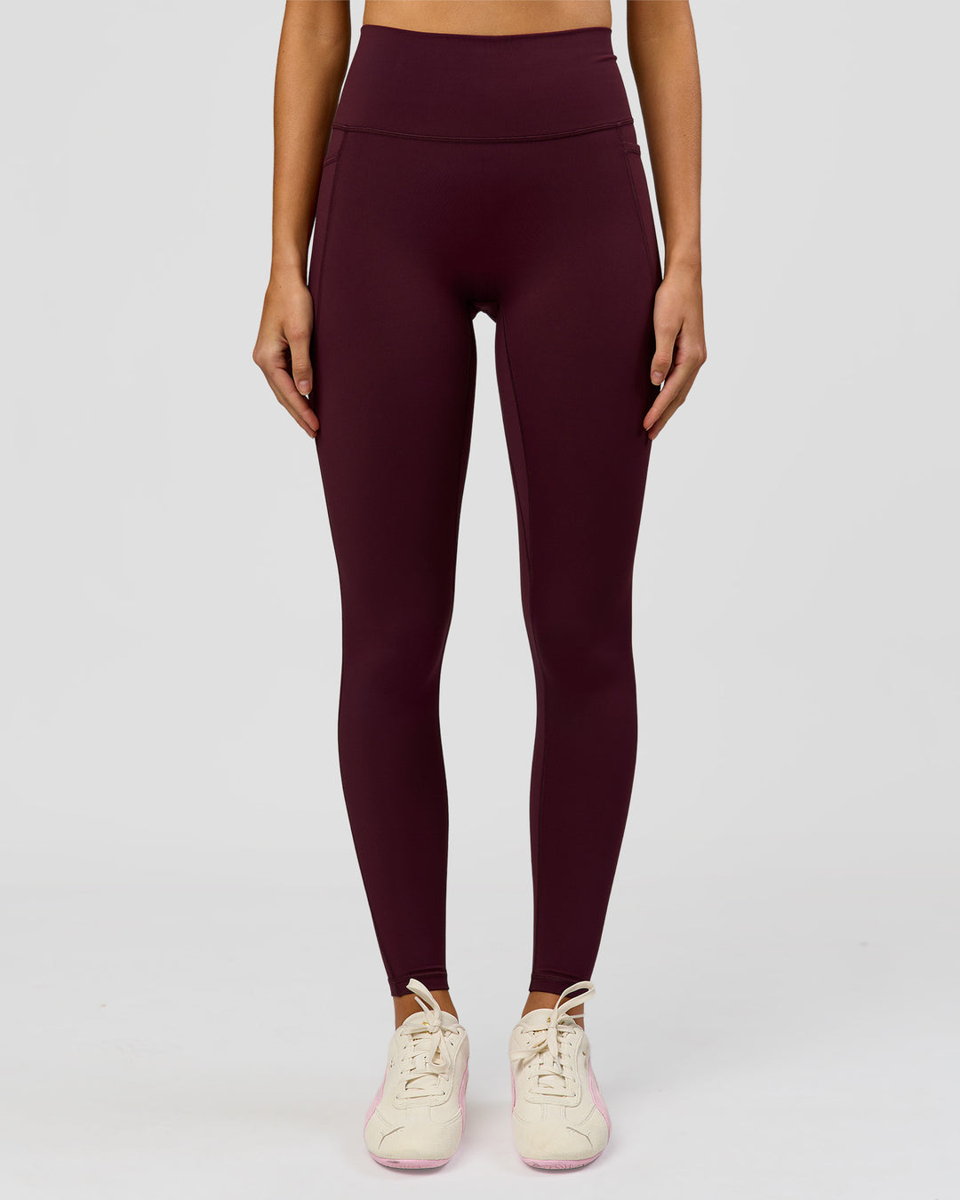 Woman wearing Fusion V-Contour Ultra High-Rise Full Length Legging Pockets - Cherry Lacquer | Model:Taneisha | Size:XS - view 5