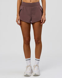 Woman wearing Pacer 3" Run Short - Cocoa Powder | Model:Taneisha | Size:XS | Thumbnail Index: 5