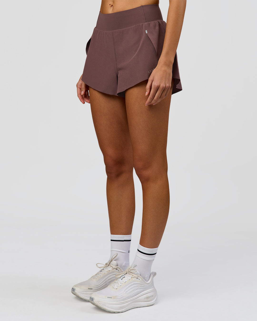 Woman wearing Pacer 3" Run Short - Cocoa Powder | Model:Taneisha | Size:XS - view 12
