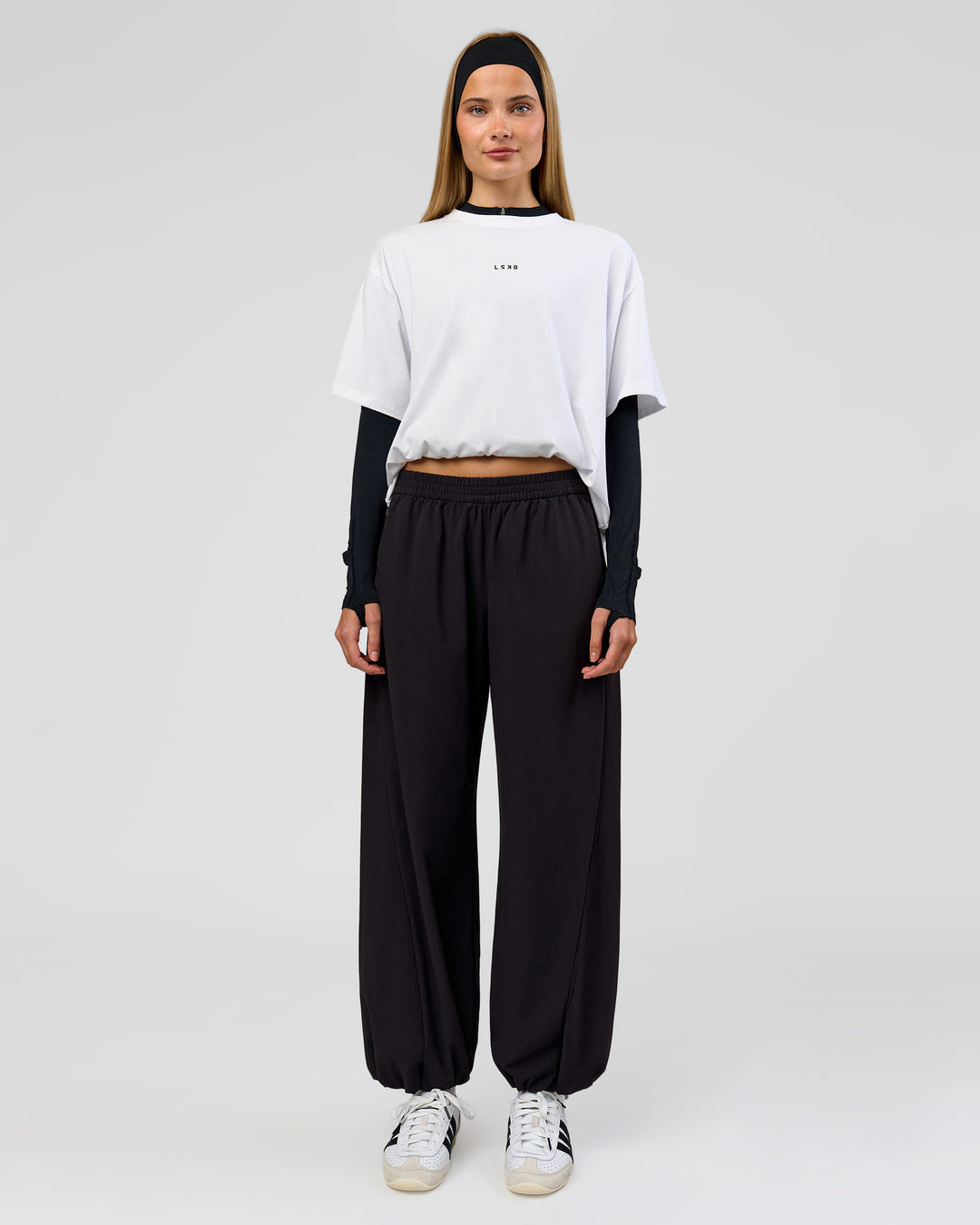 Woman wearing Stitch Up Track Pant - Black | Model:Taneisha | Size:XS - view 6