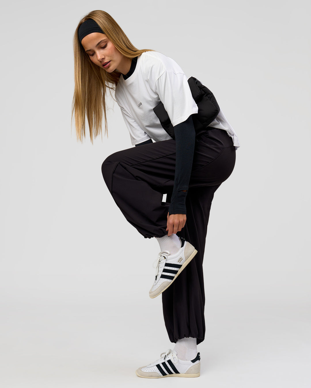 Woman wearing Stitch Up Track Pant - Black | Model:Taneisha | Size:XS - view 9
