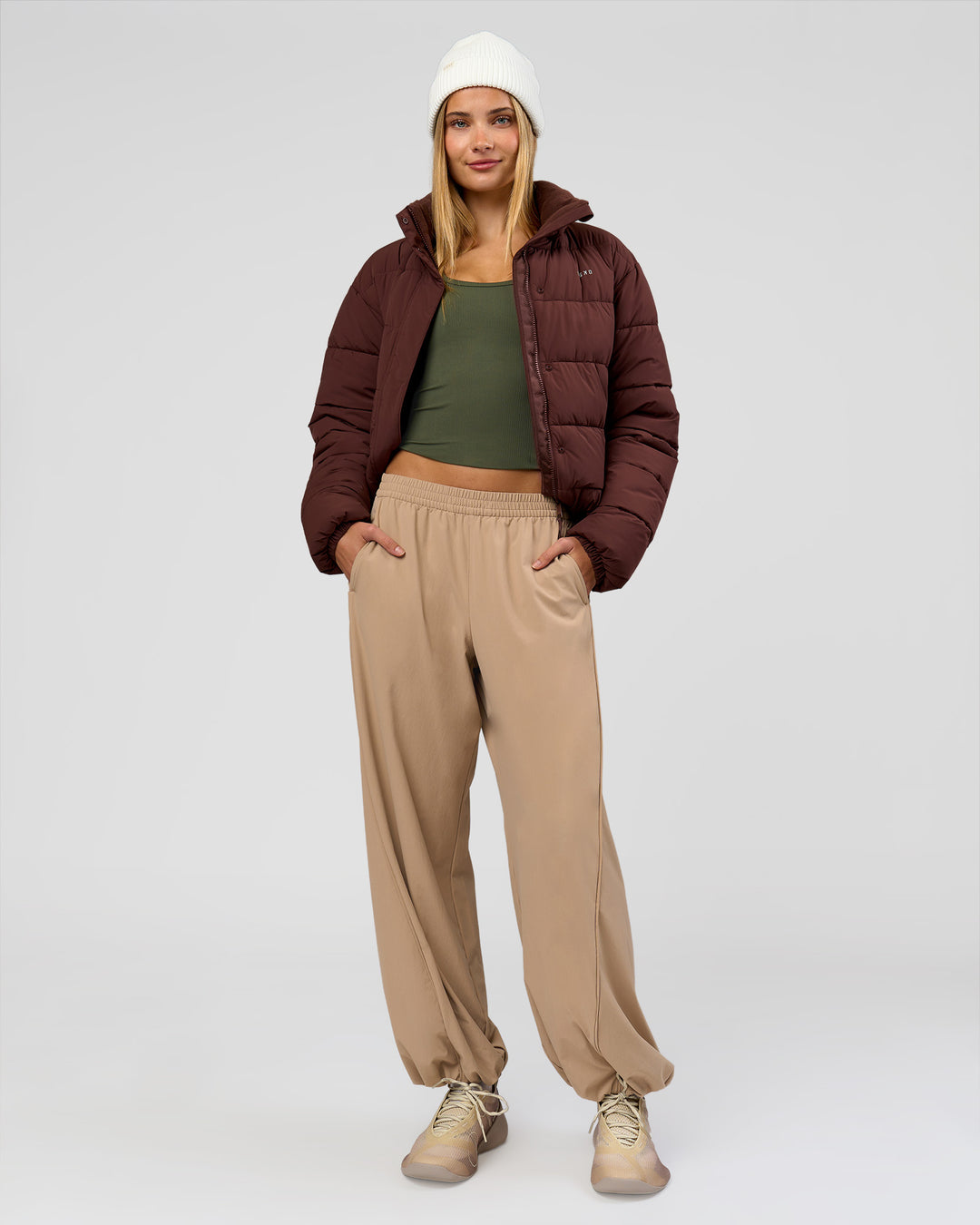 Woman wearing Stitch Up Track Pant - Warm Smoke | Model:Taneisha | Size:XS - view 8