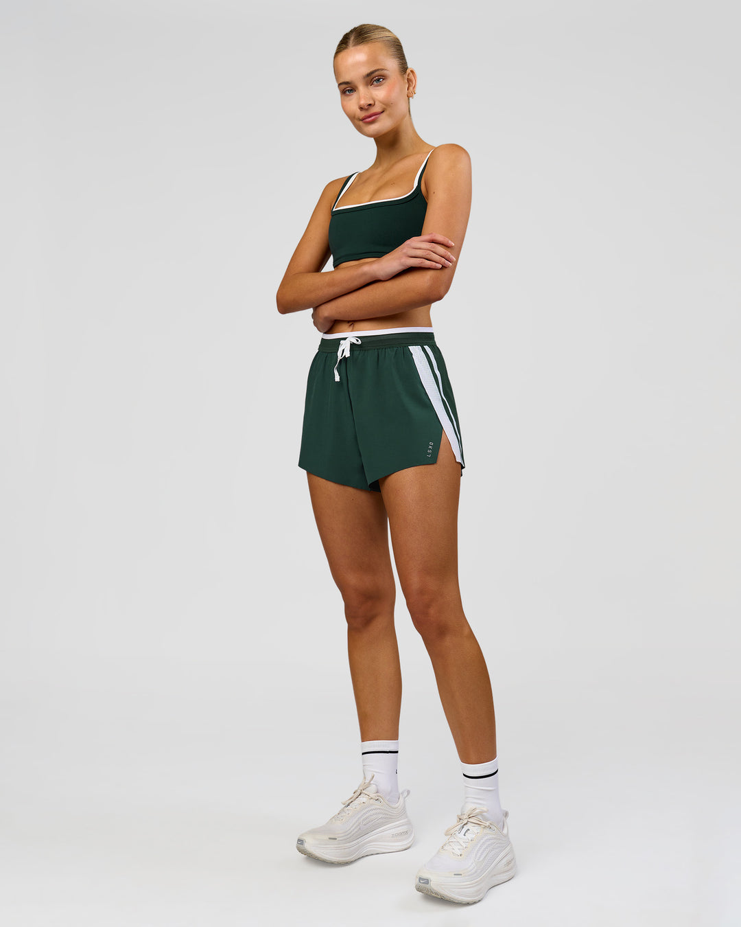 Woman wearing Trackline Accelerate 3" High-Rise Running Short - Midnight Green-White | Model:Taneisha | Size:XS - view 20