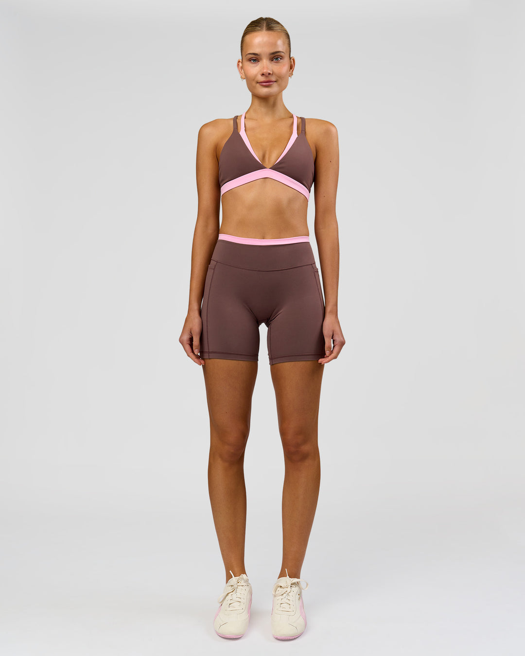 Woman wearing Velocity Bralette Sports Bra - Cocoa Powder-Pink Rose | Model:Taneisha | Size:XS - view 7