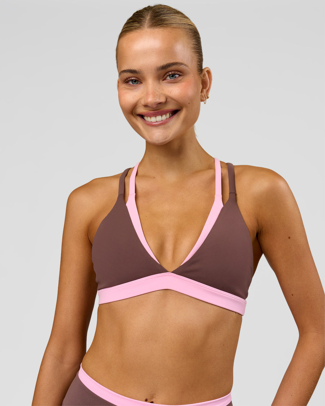 Woman wearing Velocity Bralette Sports Bra - Cocoa Powder-Pink Rose | Model:Taneisha | Size:XS - view 4