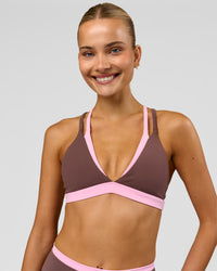 Woman wearing Velocity Bralette Sports Bra - Cocoa Powder-Pink Rose | Model:Taneisha | Size:XS | Thumbnail Index: 3