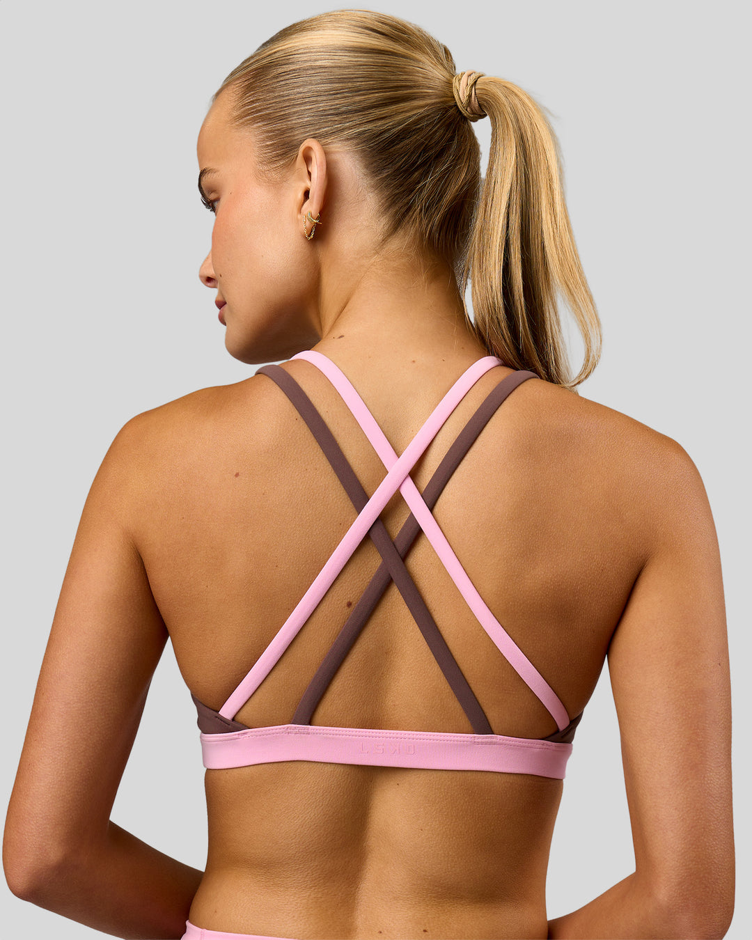 Woman wearing Velocity Bralette Sports Bra - Cocoa Powder-Pink Rose | Model:Taneisha | Size:XS - view 2