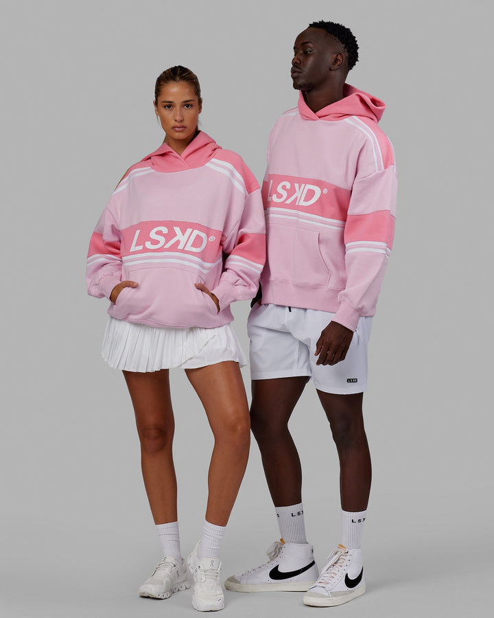 Duo wearing Unisex A-Team Hoodie Oversize - Petal Pink-Peony Pink