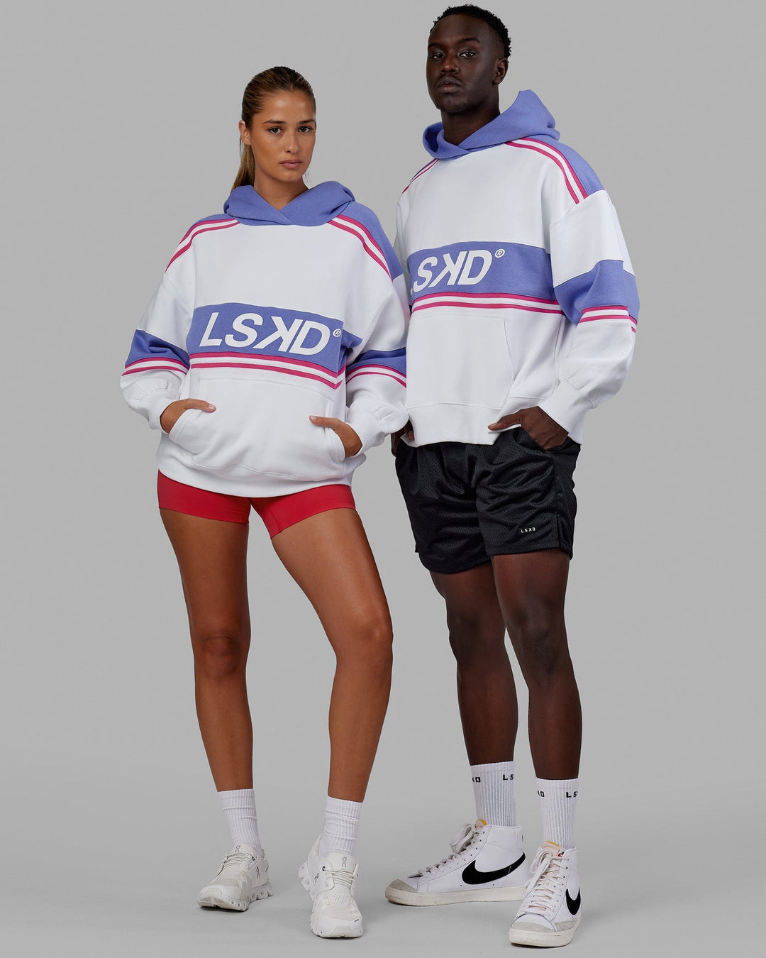 Duo wearing Unisex A-Team Hoodie Oversize - White-Cornflower Blue