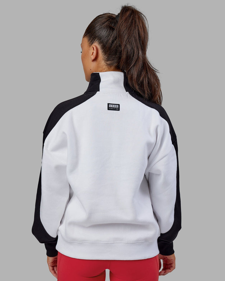 Woman wearing Unisex Alumni 1/4 Zip Sweater Oversize - White-Scarlet