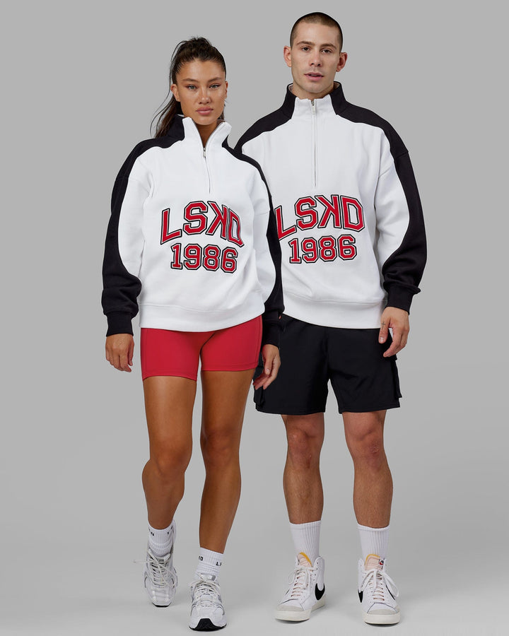 Duo wearing Unisex Alumni 1/4 Zip Sweater Oversize - White-Scarlet