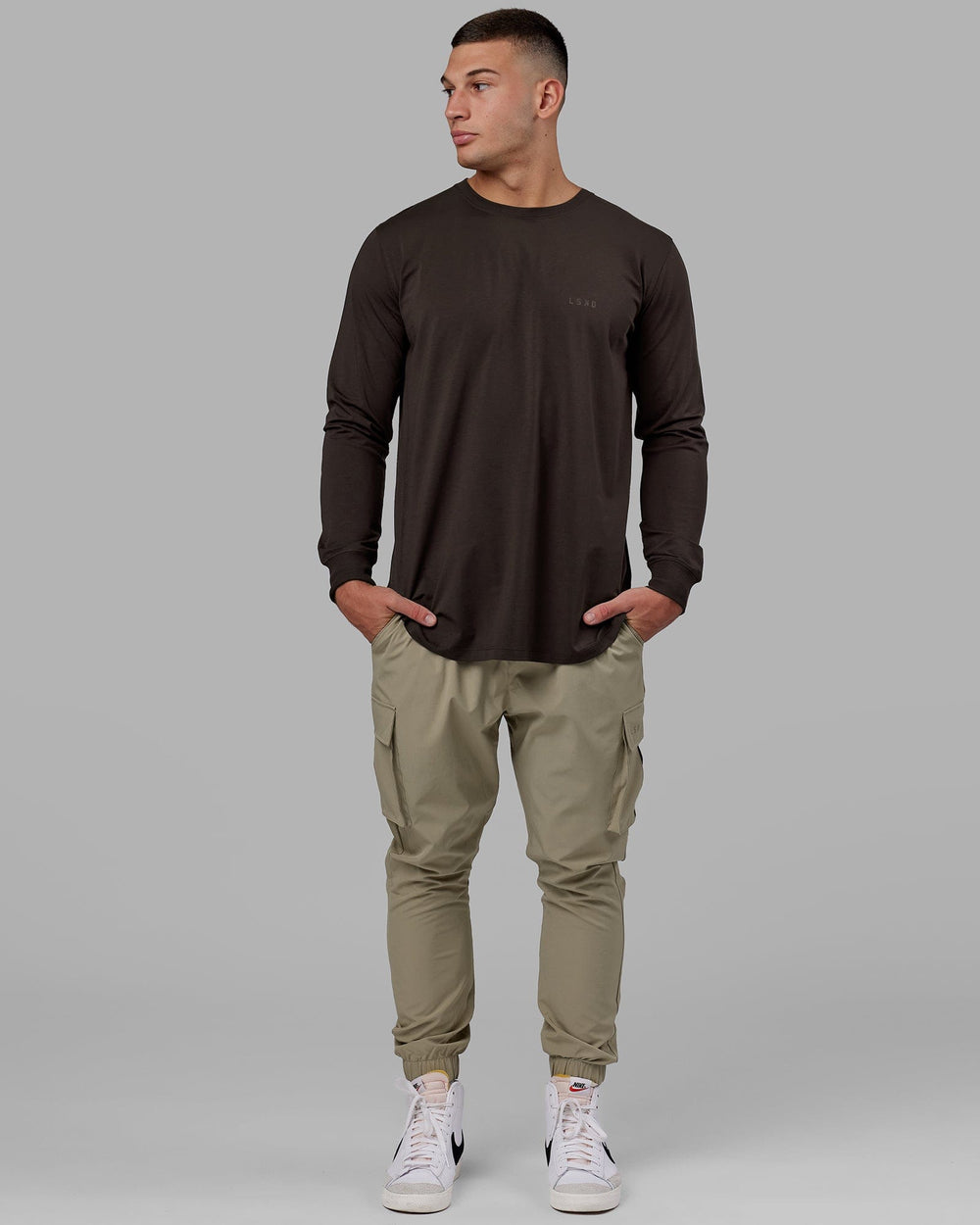 Man wearing Deluxe PimaFLX LS Tee - Dark Walnut